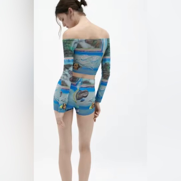 Zara limited edition larissa de Jesus negron print crop off shoulder mesh top‎ - Picture 10 of 14